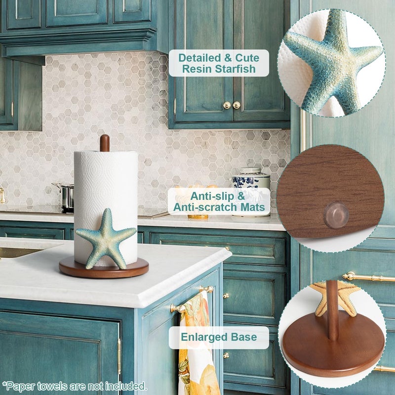YLOVAN Starfish Paper Towel Holder - Decorative Paper Towel Holder Countertop Retro Coastal Kitchen Decor Starfish Unique Beach House Gifts for Women Cute Ocean Themed Decor for Home Nautical Wood Aesthetic - Image 4